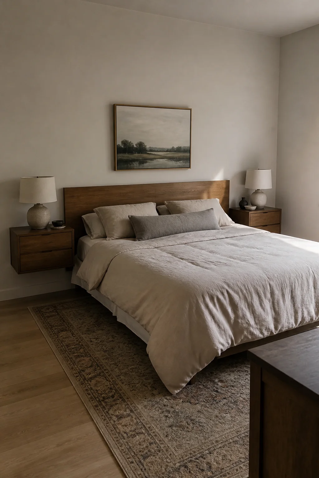 Hang two matching bedside tables with drawers instead of using legs