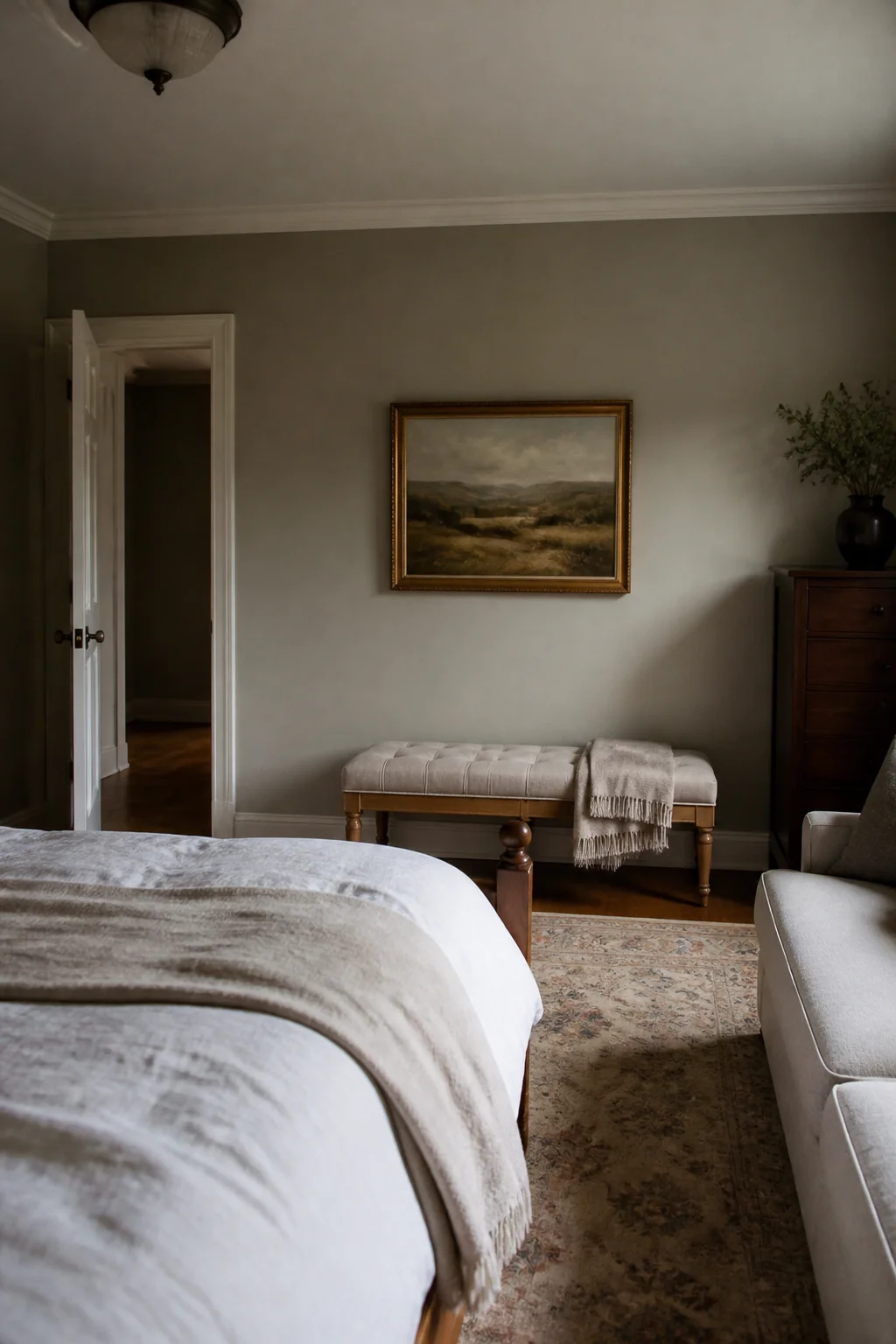Place an upholstered bench against the wall opposite the foot of the bed