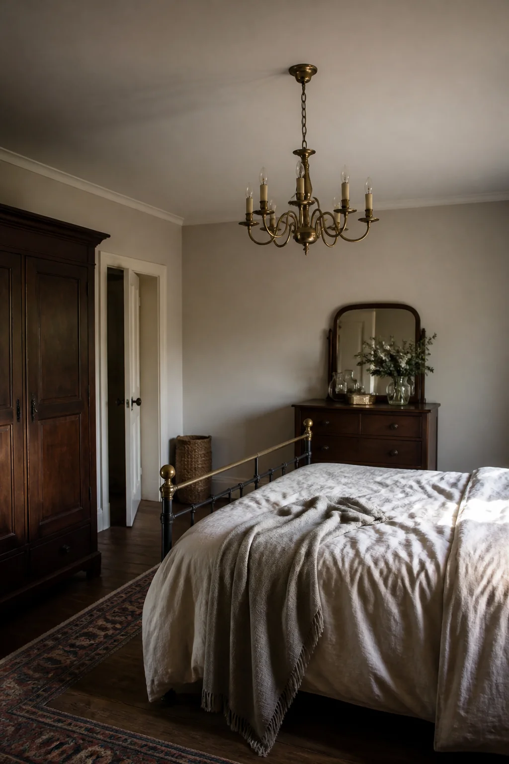 Install a brass or bronze chandelier centered on the ceiling