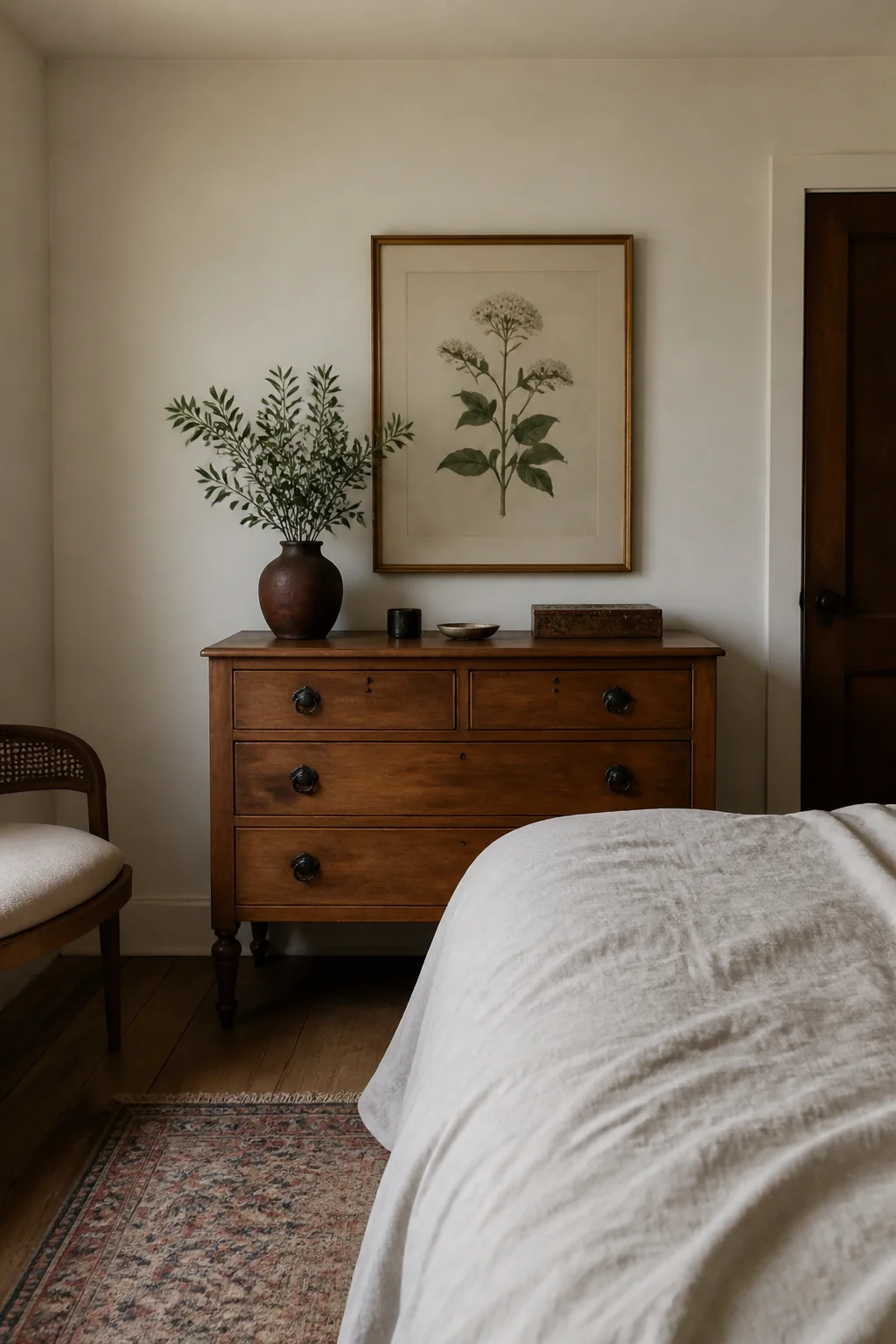 Frame an oil painting or botanical print above the dresser
