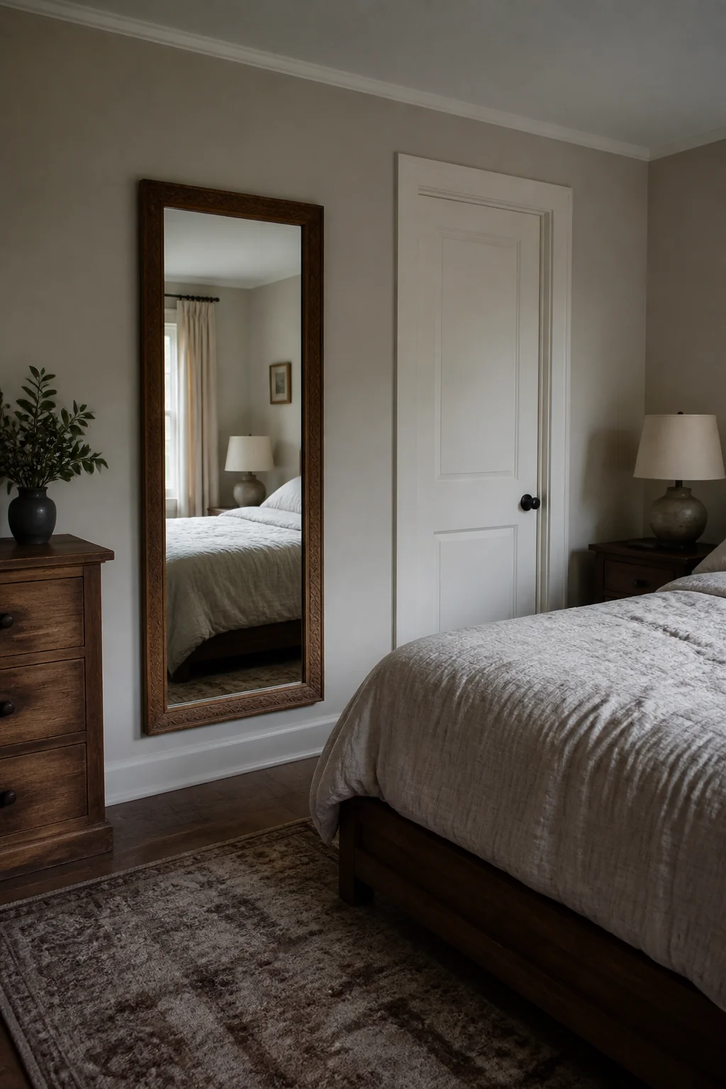Hang a full-length mirror on one side wall in a carved or painted wooden frame