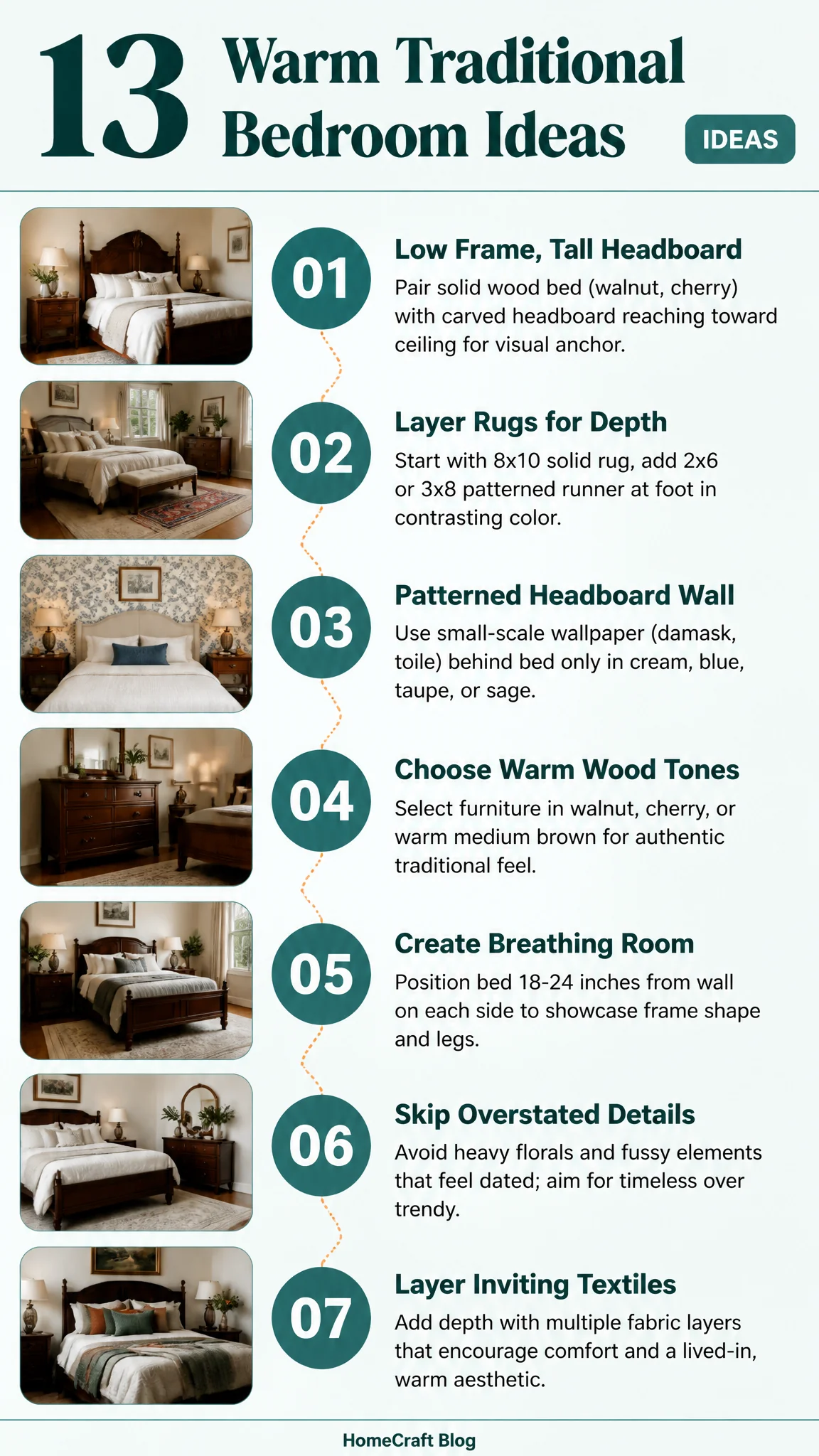 Infographic summary of 13 Warm Traditional Bedroom Furniture Ideas for Master Bedrooms